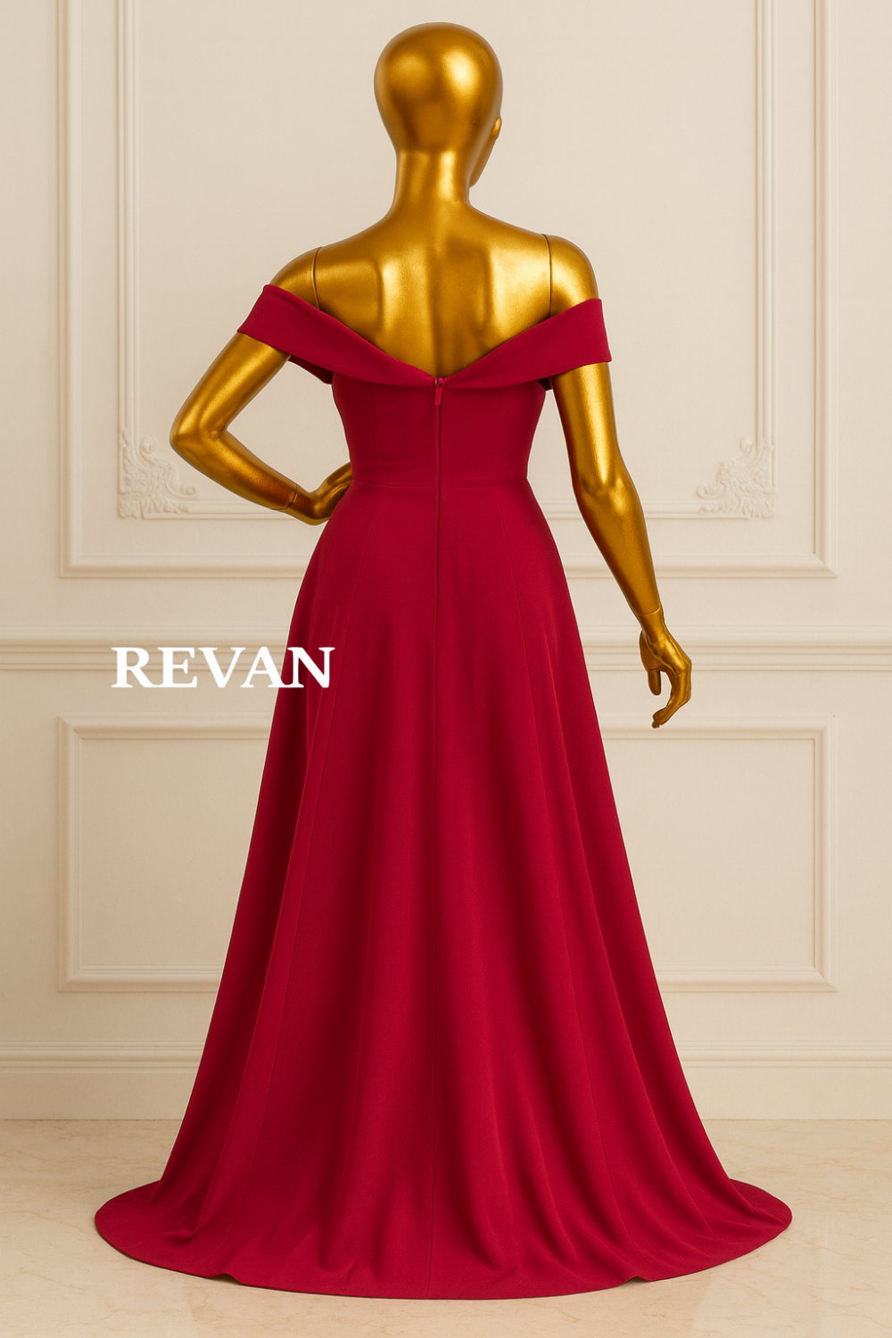 An elegant off-the-shoulder evening dress with a regal cut from Rivan - An elegant off-the-shoulder evening dress with a regal cut from Rivan -
