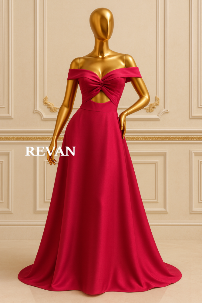 فستان سهرة أحمر  أوف شولدر بقصة ملكية أنيقة من ريڤــان