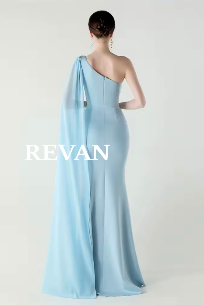 فستان سهرة بحري بكتف واحد وتطريز زهري من ريفان