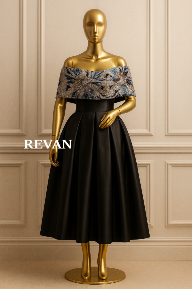 فستان سهرة ميدي أوف شولدر مطرز من ريڤــان