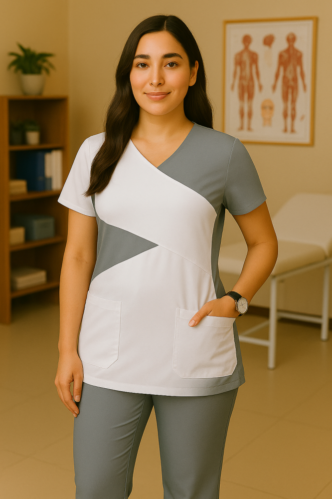 زي طبي نسائي رمادي وابيض