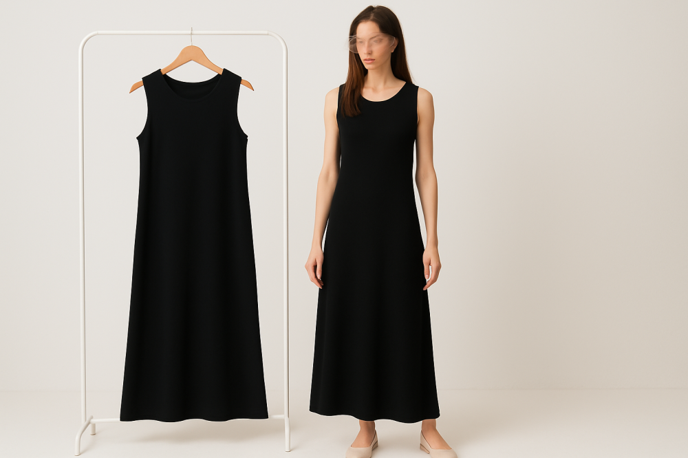 فستان أسود سادة بدون أكمام