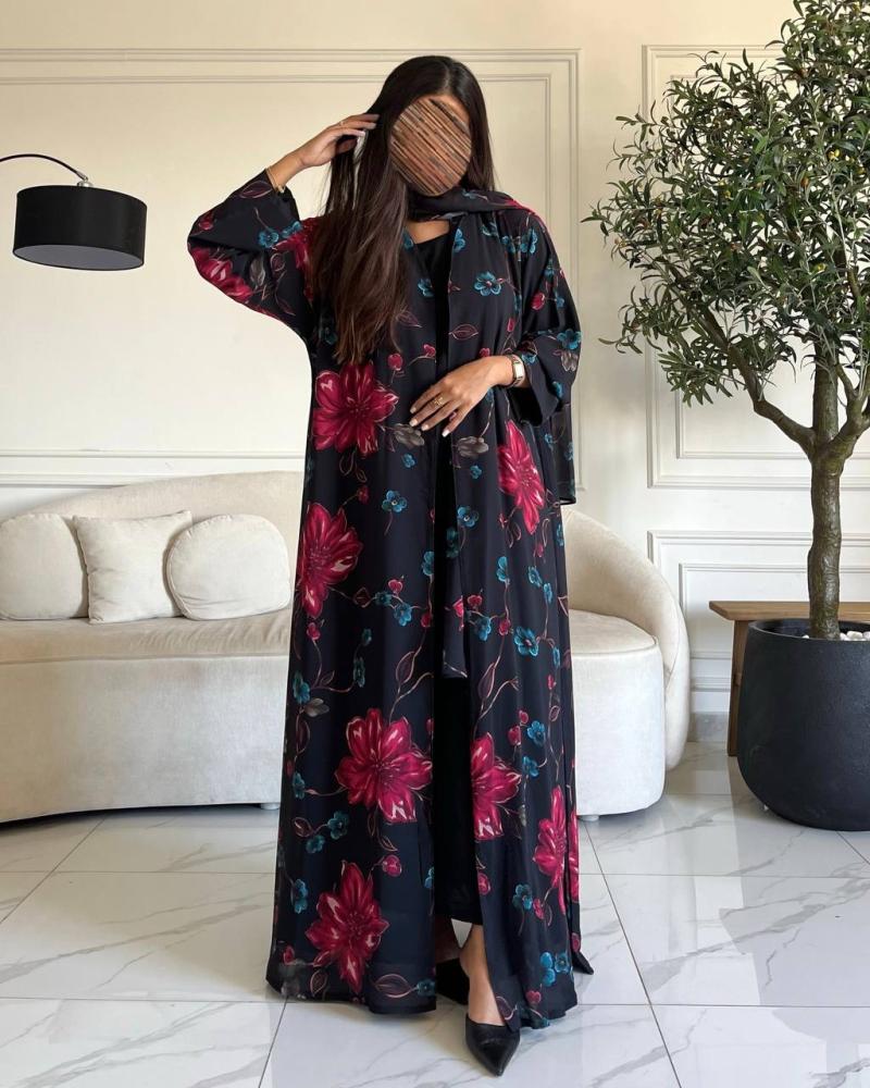 عباية شيفون مبطن رسم طباعه ورد عصريه وحصريه