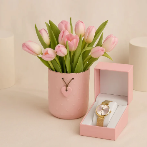 ساعة يد نسائية مع فازة توليب وردي