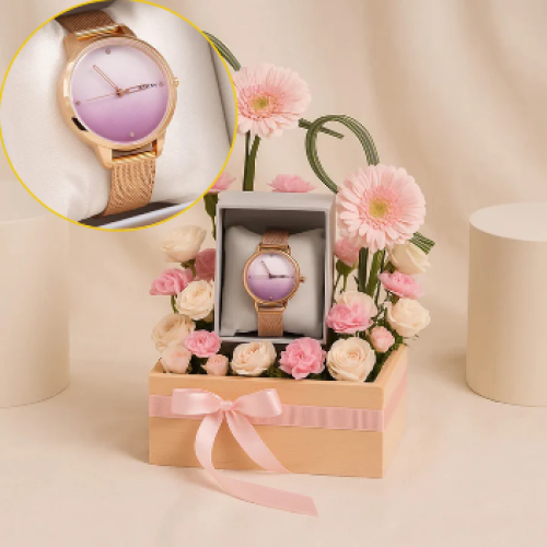 ساعة يد نسائية مع فازة توليب وردي