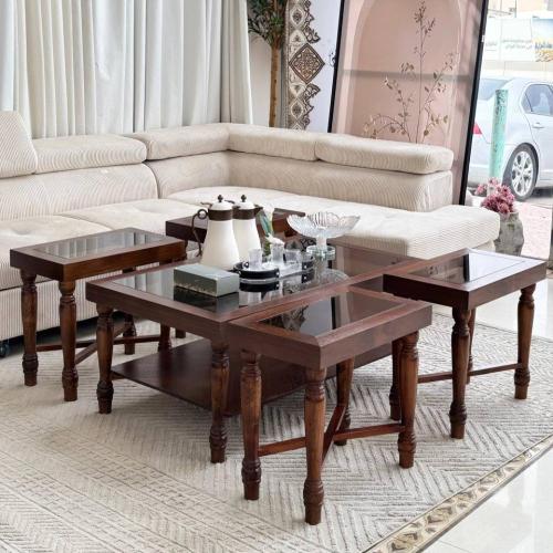 طقم طاولات قشرة سطح زجاج بني 1×4