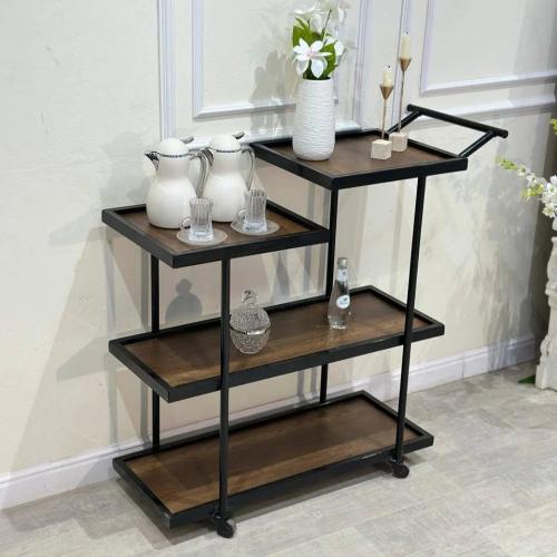 عربة تقديم 4 أدوار بسطح خشب بني