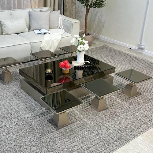 طقم طاولات سطح مراية ارضي مع 6 خدمة لون فضي