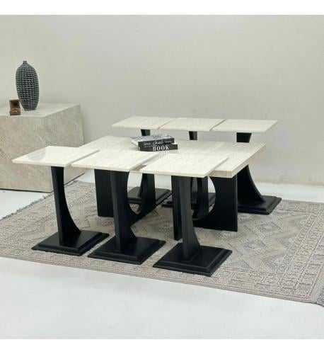 طقم طاولات7 قطع سطح ناعم بديل الرخام قاعده خشب لون اسود