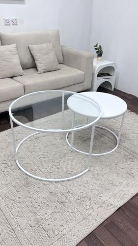 طقم طاوله متداخله زجاج مع خشب سنديان