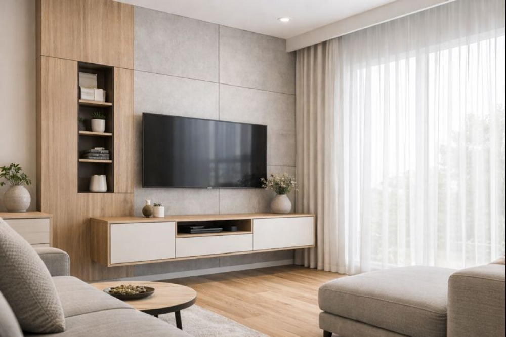 تأثيث الصالات والمداخل باحتراف: حلول ديكور تلفزيون وخزائن ذكية للمنازل والشقق المخدومة
