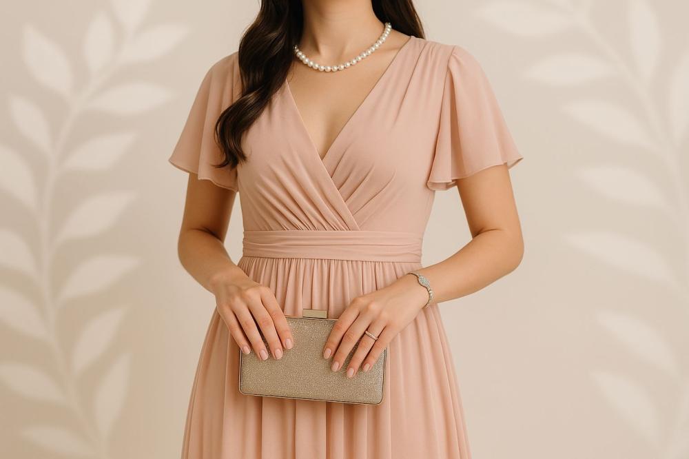 امرأة ترتدي فستان وردي ناعم وتحمل كلتش ذهبي بإطلالة أنيقة لمناسبة رسم