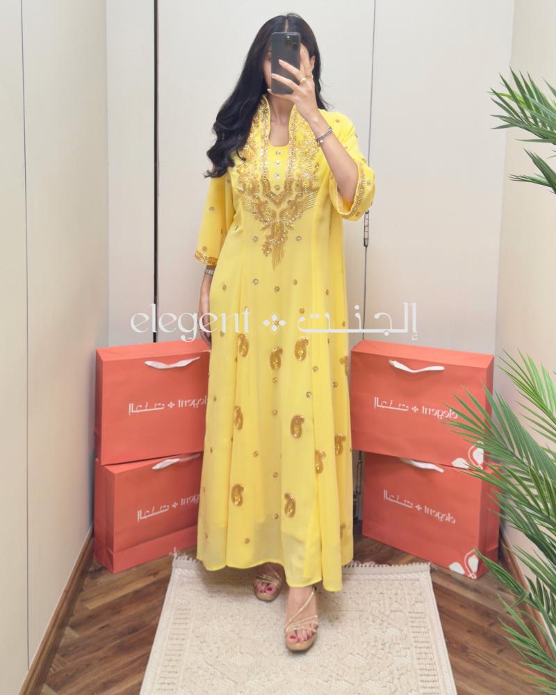 جلابية صفراء مطرزة فخمة شيفون