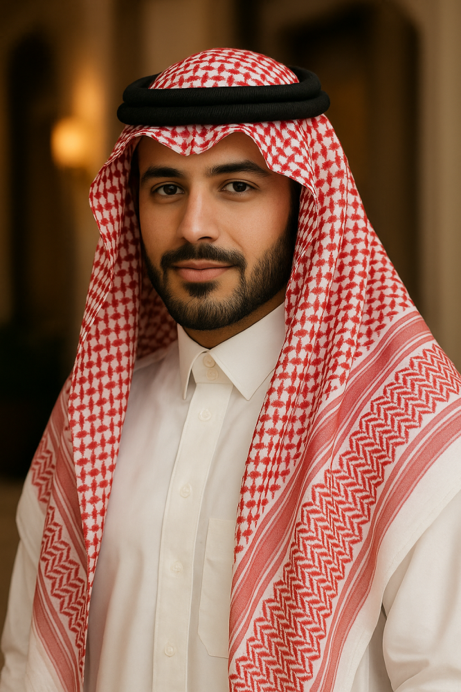 رجل يرتدي شماغ أحمر كلاسيكي بتصميم أنيق يعكس الأناقة الخليجية الأصيلة