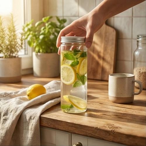 قارورة عصير 400 مل بلاستيك شفاف بغطاء الومنيوم بفتحة 100 حبة