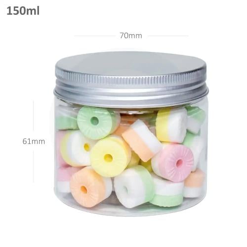 جار 150 مل بلاستيك شفاف بغطاء الومنيوم فضي 100 حبة