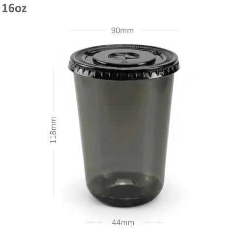 كوب عصير 16 اونص أسود يو بلاستيك شفاف مع غطاء مسطح 1000 حبة