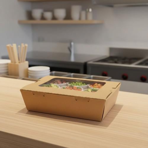 علبه طعام 900 مل ورق كرافت بنافذة بلاستيك شفاف 200 حبة