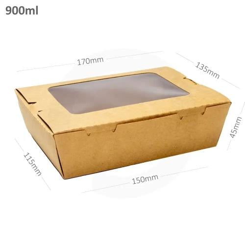 علبه طعام 900 مل ورق كرافت بنافذة بلاستيك شفاف 200 حبة