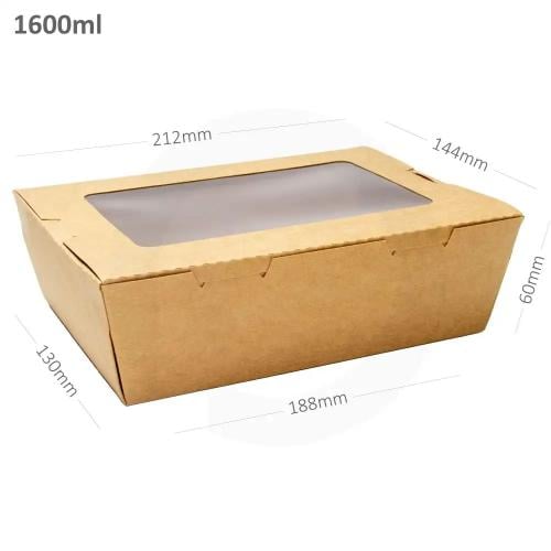 علبه طعام 1600 مل ورق كرافت بنافذة بلاستيك شفاف 200 حبة