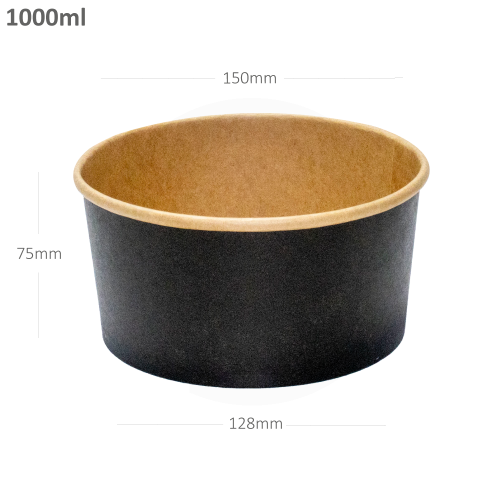 1000ml PP Plastic Round Black Bowl Clear Lid 200/ctn - MJDPAK