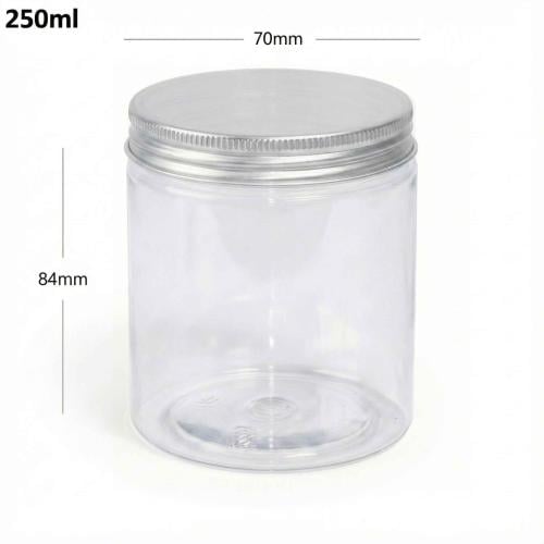 جار 250 مل بلاستيك شفاف بغطاء الومنيوم فضي 100 حبة