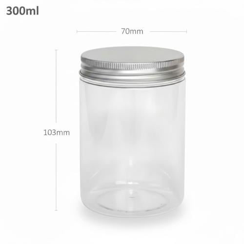 جار 300 مل بلاستيك شفاف بغطاء الومنيوم فضي 100 حبة