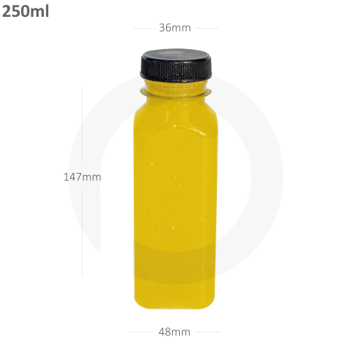 قارورة عصير 250 مل بلاستيك شفاف بغطاء بلاستيك اسود 200 حبة