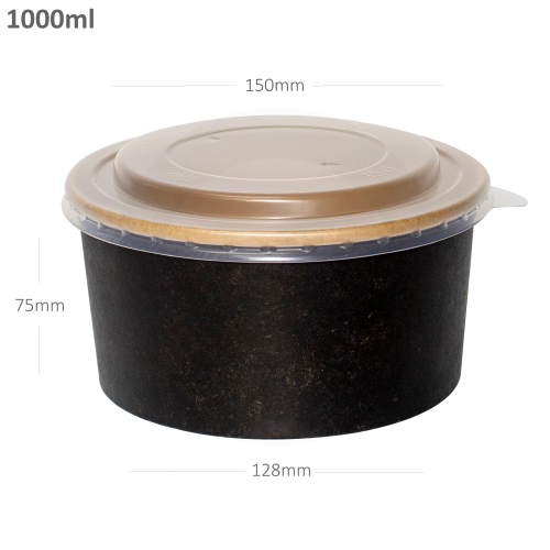 1000ml PP Plastic Round Black Bowl Clear Lid 200/ctn - MJDPAK