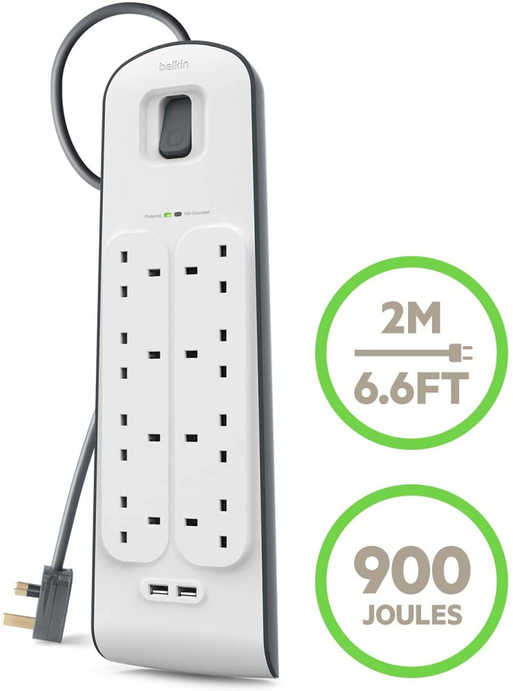 Belkin 8 Way Surge Protection Strip - 2M With 2 X 2.4Amp USB Charging