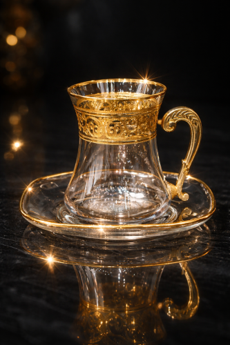 Crystal teacups, square saucer, 6 pieces