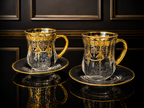 Crystal teacups, laser engraved, 6 pieces, gold and silver