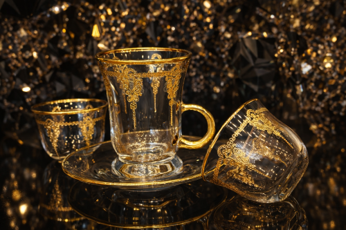 6-piece gold laser-cut teacup and coffee set
