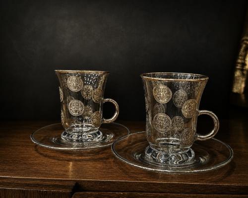 Crystal laser-cut teacups, 6 pieces, silver