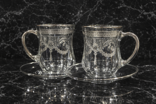 Silver crystal teacups with laser engraving, 6 pieces