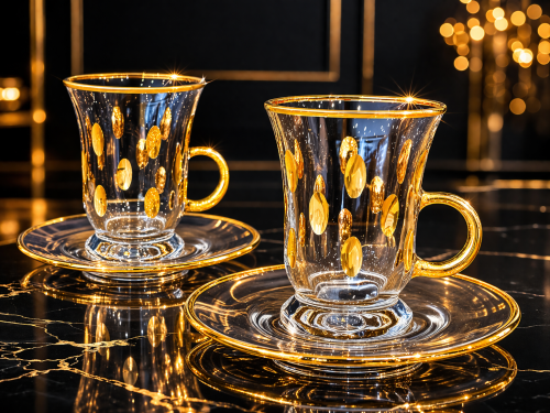 6-piece set of engraved gold crystal teacups