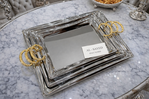 طقم صواني ٣ قطعه فضي مقبض ذهبي