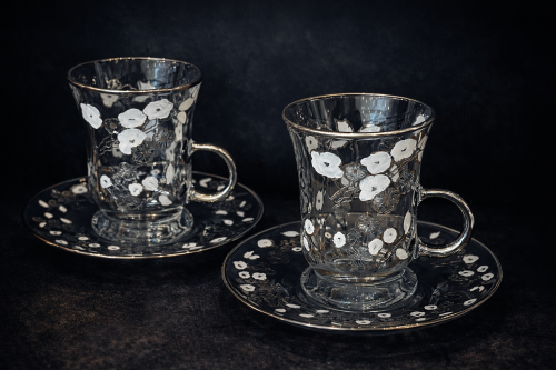 6-piece silver laser-cut crystal teacup set