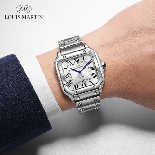 ساعة رسمية فاخرة مربعة بأرقام رومانية ميناء أبيض رجالي من لويس مارتن