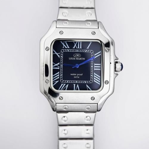 ساعة رسمية فاخرة مربعة بأرقام رومانية ميناء أزرق رجالي من لويس مارتن
