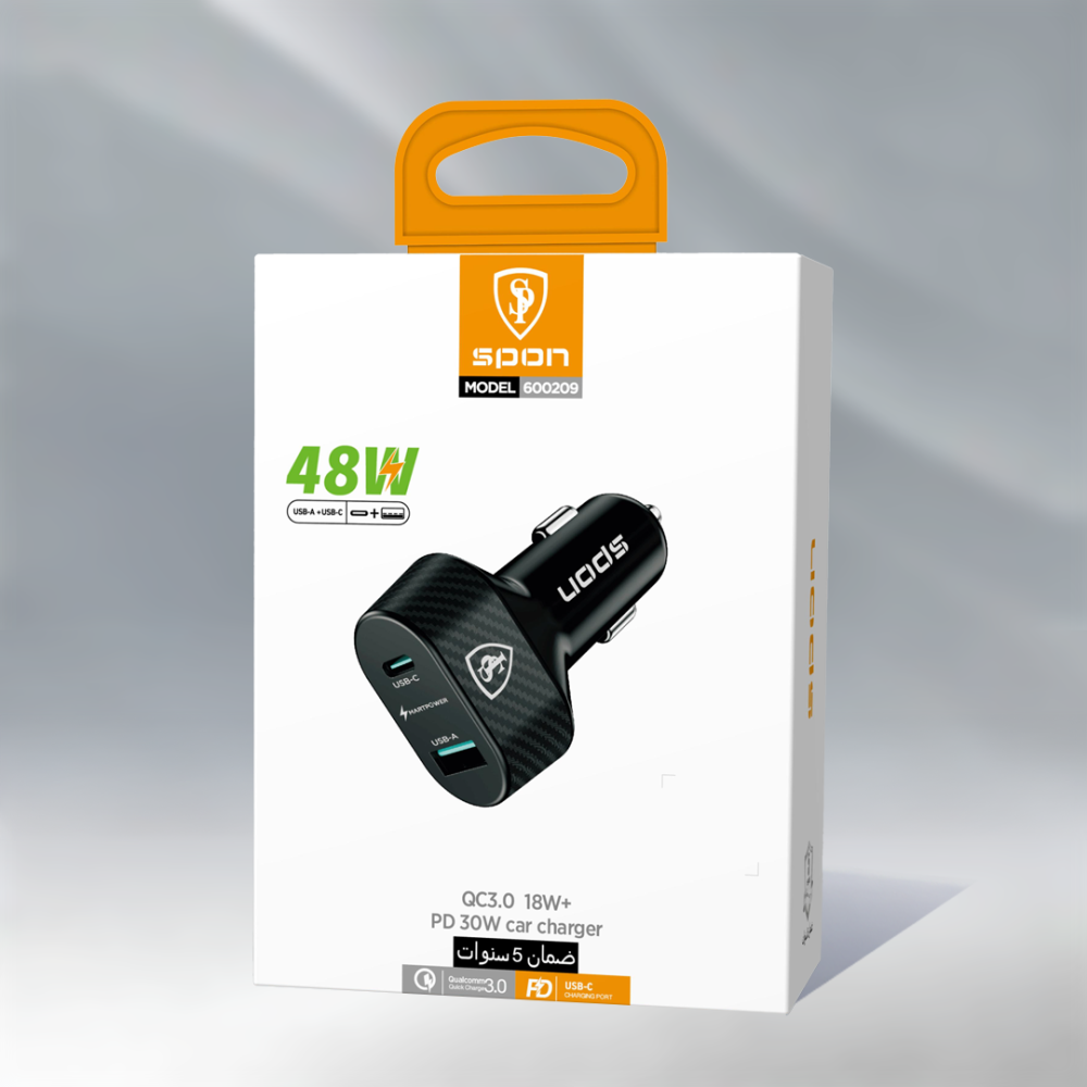 شاحن سياره منفذين سريع بقوة 48 واط PD + USB