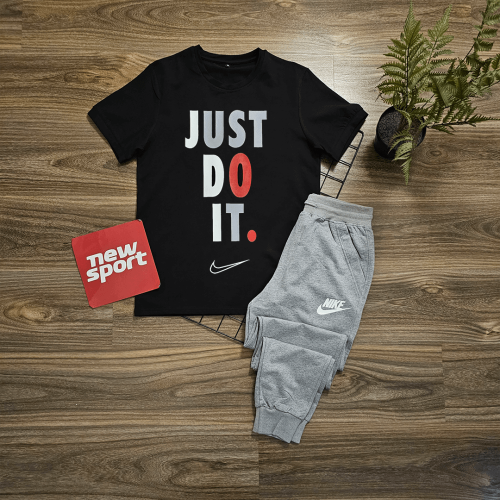 تيشرت أسود JUST DO IT + بنطلون رصاصي N09