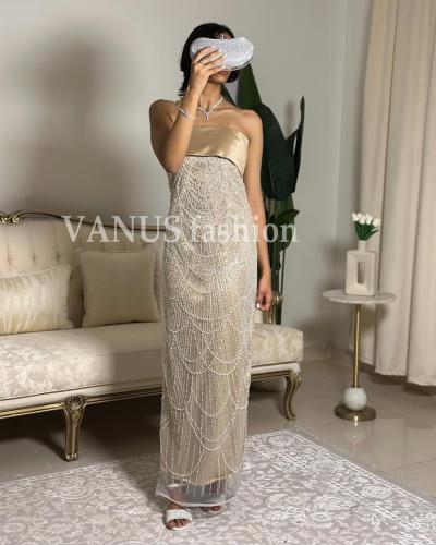 فستان ذهبي بتصميم فاخر وبراق 5499