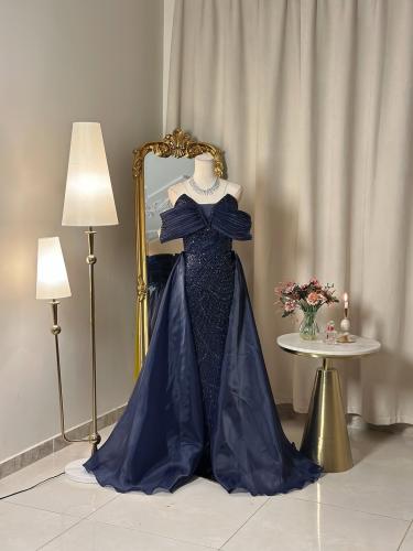 6454-فستان سهرة كحلي بتصميم فاخر