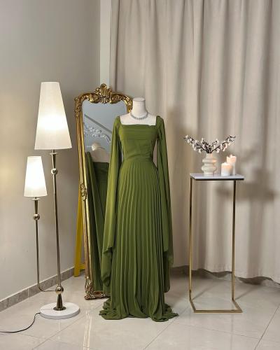 5588 -فستان أنيق بطيات كلاسيكية بأكمام طويلة (لونين)