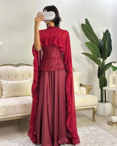 6174- فستان عودي بلمسة براقة مع شال