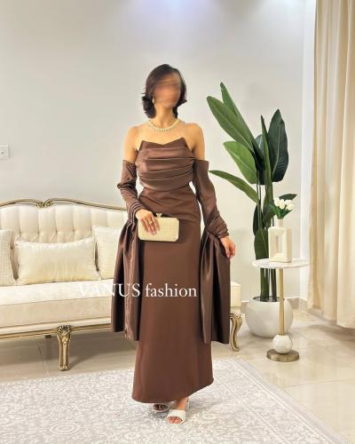 6237-  فستان بني أنيق بتصميم فخم ولمسة كلاسيكية