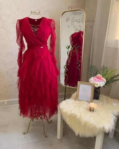 فستان سهرة ناعم احمر 3085