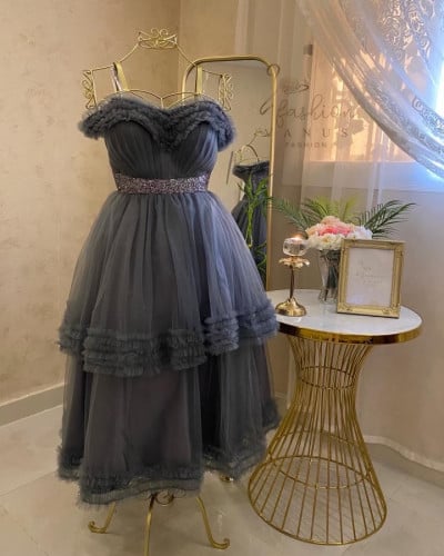 فستان سهرة ميدي رمادي  3298