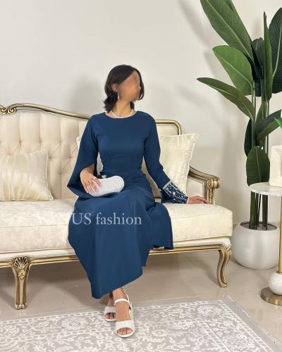 6064 -فستان بترولي أنيق بتفصيل كم ملكي